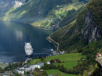 The AIDA Cruises ship docked in Geiranger, Norway, on September 18, 2024. Geiranger Fjord, a major tourist attraction in Norway, was designa...