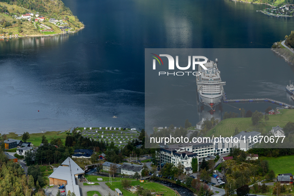 The AIDA Cruises ship docked in Geiranger, Norway, on September 18, 2024. Geiranger Fjord, a major tourist attraction in Norway, was designa...