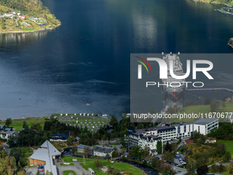 The AIDA Cruises ship docked in Geiranger, Norway, on September 18, 2024. Geiranger Fjord, a major tourist attraction in Norway, was designa...