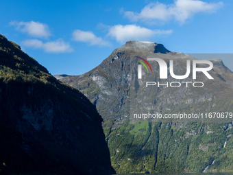 A general view of Geiranger, Norway, on September 18, 2024. Geiranger Fjord, a major tourist attraction in Norway, was designated a UNESCO W...