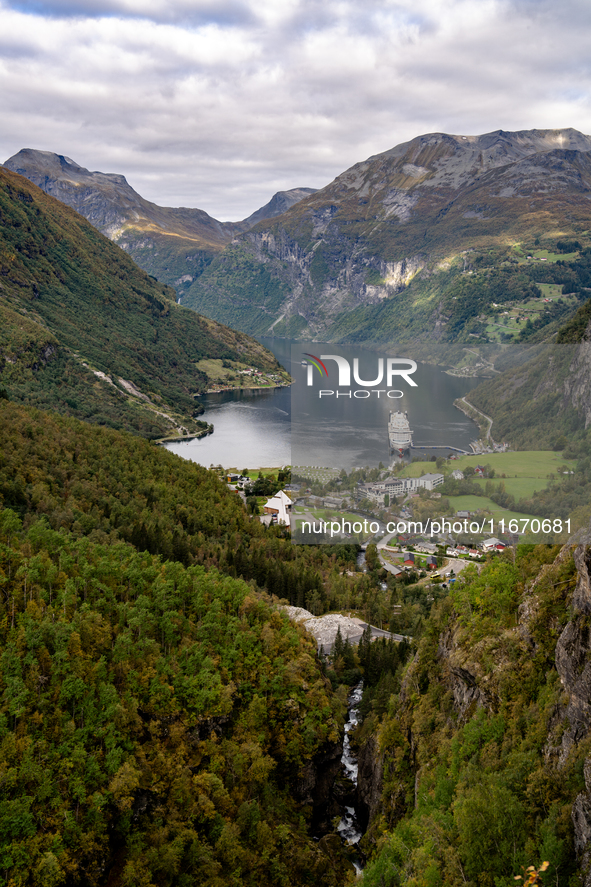 A general view of Geiranger, Norway, on September 18, 2024. Geiranger Fjord, a major tourist attraction in Norway, was designated a UNESCO W...