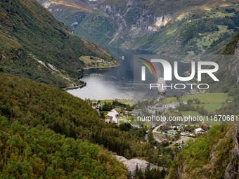 A general view of Geiranger, Norway, on September 18, 2024. Geiranger Fjord, a major tourist attraction in Norway, was designated a UNESCO W...