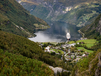 A general view of Geiranger, Norway, on September 18, 2024. Geiranger Fjord, a major tourist attraction in Norway, was designated a UNESCO W...