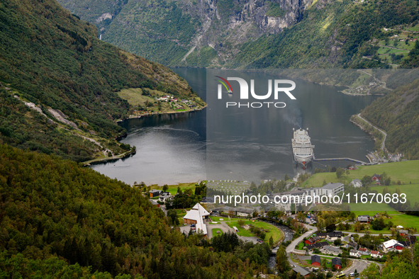 A general view of Geiranger, Norway, on September 18, 2024. Geiranger Fjord, a major tourist attraction in Norway, was designated a UNESCO W...