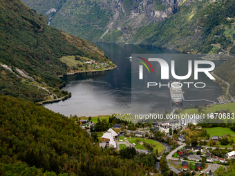 A general view of Geiranger, Norway, on September 18, 2024. Geiranger Fjord, a major tourist attraction in Norway, was designated a UNESCO W...