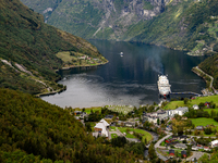 A general view of Geiranger, Norway, on September 18, 2024. Geiranger Fjord, a major tourist attraction in Norway, was designated a UNESCO W...