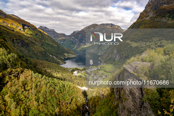 A general view of Geiranger, Norway, on September 18, 2024. Geiranger Fjord, a major tourist attraction in Norway, was designated a UNESCO W...