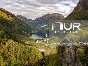 A general view of Geiranger, Norway, on September 18, 2024. Geiranger Fjord, a major tourist attraction in Norway, was designated a UNESCO W...