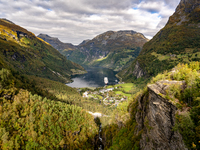 A general view of Geiranger, Norway, on September 18, 2024. Geiranger Fjord, a major tourist attraction in Norway, was designated a UNESCO W...