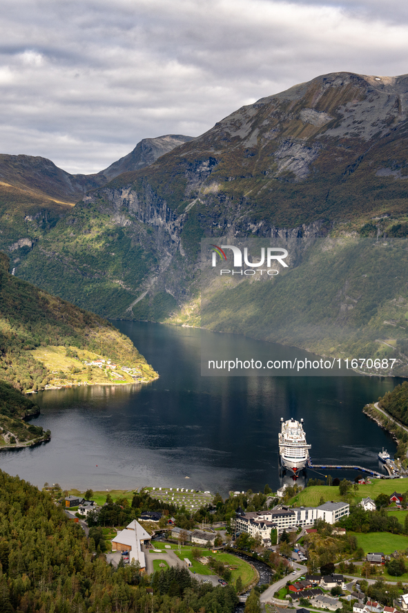 A general view of Geiranger, Norway, on September 18, 2024. Geiranger Fjord, a major tourist attraction in Norway, was designated a UNESCO W...