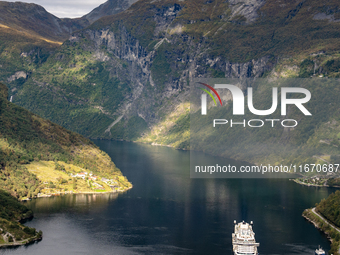 A general view of Geiranger, Norway, on September 18, 2024. Geiranger Fjord, a major tourist attraction in Norway, was designated a UNESCO W...