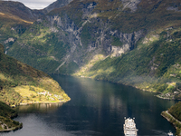 A general view of Geiranger, Norway, on September 18, 2024. Geiranger Fjord, a major tourist attraction in Norway, was designated a UNESCO W...