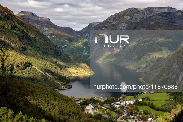 A general view of Geiranger, Norway, on September 18, 2024. Geiranger Fjord, a major tourist attraction in Norway, was designated a UNESCO W...