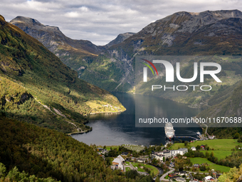 A general view of Geiranger, Norway, on September 18, 2024. Geiranger Fjord, a major tourist attraction in Norway, was designated a UNESCO W...