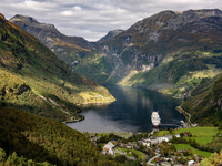 A general view of Geiranger, Norway, on September 18, 2024. Geiranger Fjord, a major tourist attraction in Norway, was designated a UNESCO W...