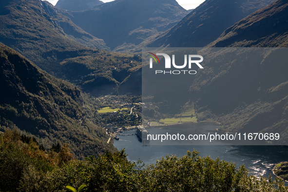 A general view of Geiranger, Norway, on September 18, 2024. Geiranger Fjord, a major tourist attraction in Norway, was designated a UNESCO W...