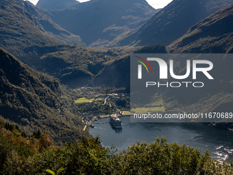 A general view of Geiranger, Norway, on September 18, 2024. Geiranger Fjord, a major tourist attraction in Norway, was designated a UNESCO W...