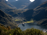 A general view of Geiranger, Norway, on September 18, 2024. Geiranger Fjord, a major tourist attraction in Norway, was designated a UNESCO W...