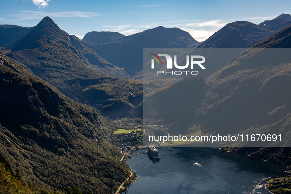 A general view of Geiranger, Norway, on September 18, 2024. Geiranger Fjord, a major tourist attraction in Norway, was designated a UNESCO W...