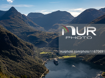 A general view of Geiranger, Norway, on September 18, 2024. Geiranger Fjord, a major tourist attraction in Norway, was designated a UNESCO W...