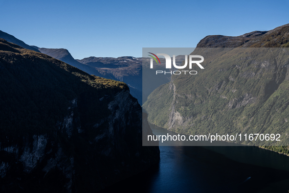 A general view of Geiranger, Norway, on September 18, 2024. Geiranger Fjord, a major tourist attraction in Norway, was designated a UNESCO W...