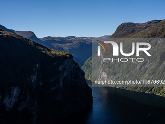 A general view of Geiranger, Norway, on September 18, 2024. Geiranger Fjord, a major tourist attraction in Norway, was designated a UNESCO W...