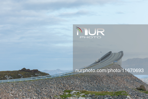 +A view of the Atlantic Ocean Road, Norway on September 18, 2024. The Atlantic Road in Norway was voted the most beautiful motorway in the w...