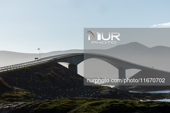 A view of the Atlantic Ocean Road, Norway on September 18, 2024. The Atlantic Road in Norway was voted the most beautiful motorway in the wo...