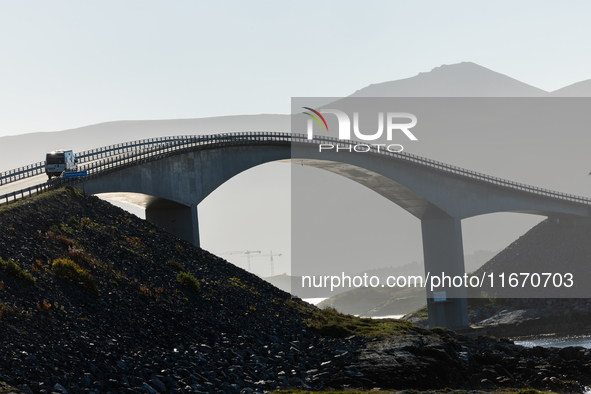 A view of the Atlantic Ocean Road, Norway on September 18, 2024. The Atlantic Road in Norway was voted the most beautiful motorway in the wo...