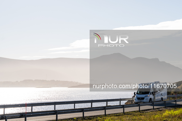 A camper drives along the Atlantic Ocean Road in Norway on September 18, 2024. The Atlantic Road, was voted the most beautiful motorway in t...