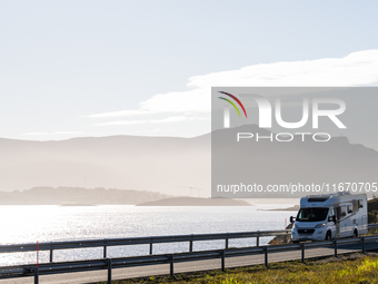 A camper drives along the Atlantic Ocean Road in Norway on September 18, 2024. The Atlantic Road, was voted the most beautiful motorway in t...