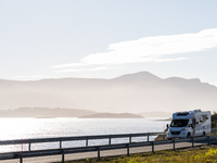 A camper drives along the Atlantic Ocean Road in Norway on September 18, 2024. The Atlantic Road, was voted the most beautiful motorway in t...