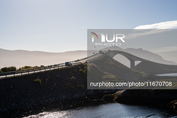 A view of the Atlantic Ocean Road, Norway on September 18, 2024. The Atlantic Road in Norway was voted the most beautiful motorway in the wo...