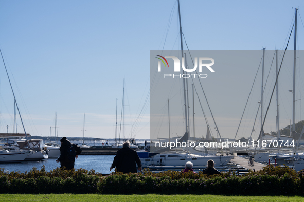 Boats at the harbor in Kristiansand, Norway on September 13, 2024. Kristiansand is a city and municipality in Agder county, Norway. The city...