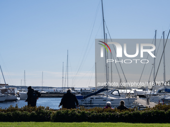 Boats at the harbor in Kristiansand, Norway on September 13, 2024. Kristiansand is a city and municipality in Agder county, Norway. The city...