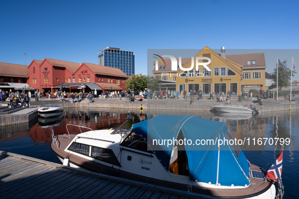 A general view of Fiskebrygga (The Fish Wharf), in Kristiansand, Norway on September 13, 2024. Fiskebrygga  is a former fish landing in the...