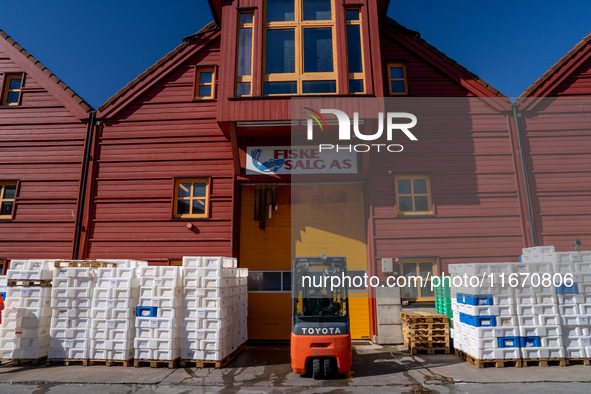 A forklift is parked outside a seafood processing facility in Kristiansand, Norway, on September 13, 2024.  Kristiansand is a city and munic...