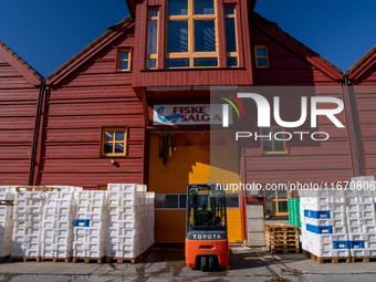 A forklift is parked outside a seafood processing facility in Kristiansand, Norway, on September 13, 2024.  Kristiansand is a city and munic...