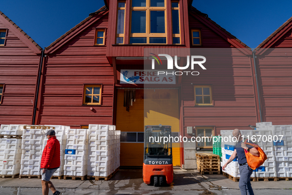 A forklift is parked outside a seafood processing facility in Kristiansand, Norway, on September 13, 2024.  Kristiansand is a city and munic...