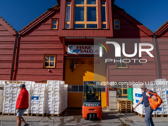 A forklift is parked outside a seafood processing facility in Kristiansand, Norway, on September 13, 2024.  Kristiansand is a city and munic...