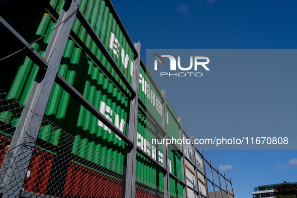 Evergreen containers are stacked at the port  in Kristiansand, Norway on September 13, 2024. Kristiansand is a city and municipality in Agde...