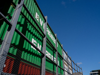 Evergreen containers are stacked at the port  in Kristiansand, Norway on September 13, 2024. Kristiansand is a city and municipality in Agde...