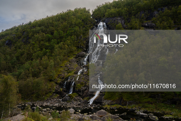 A view of Flesefossen waterfall, in Suldal, Norway, on September 14, 2024.  