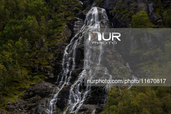 A view of Flesefossen waterfall, in Suldal, Norway, on September 14, 2024.  