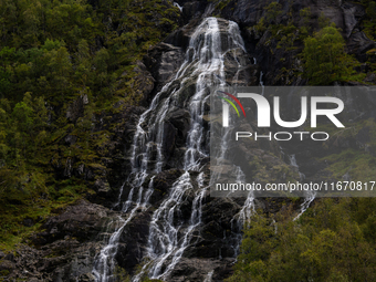 A view of Flesefossen waterfall, in Suldal, Norway, on September 14, 2024.  (