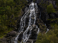 A view of Flesefossen waterfall, in Suldal, Norway, on September 14, 2024.  (