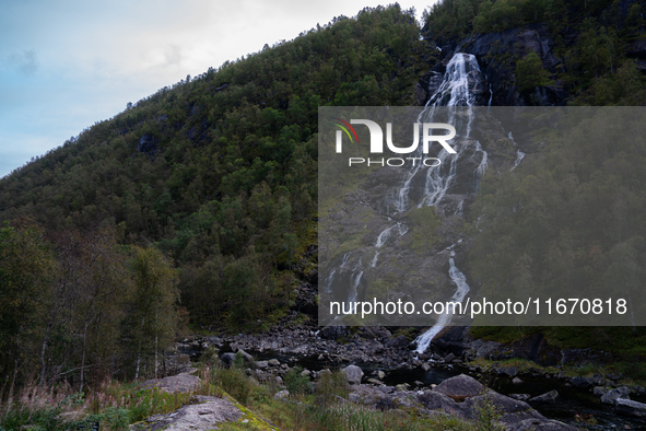 A view of Flesefossen waterfall, in Suldal, Norway, on September 14, 2024.  