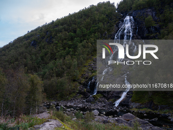 A view of Flesefossen waterfall, in Suldal, Norway, on September 14, 2024.  (