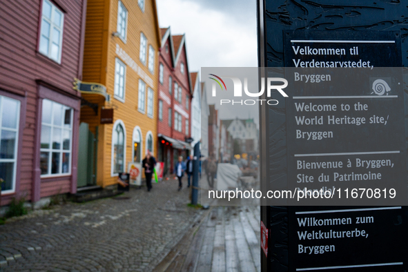 A welcome sign in the World Heritage site of Bryggen, in Bergen, Norway, on September 15, 2024. Bergen is the second-largest city in Norway,...