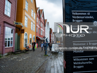 A welcome sign in the World Heritage site of Bryggen, in Bergen, Norway, on September 15, 2024. Bergen is the second-largest city in Norway,...